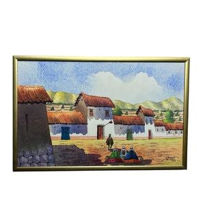 Vintage 1997 Original Signed Framed Watercolor Paint  Cultural Villa Cusco Peru